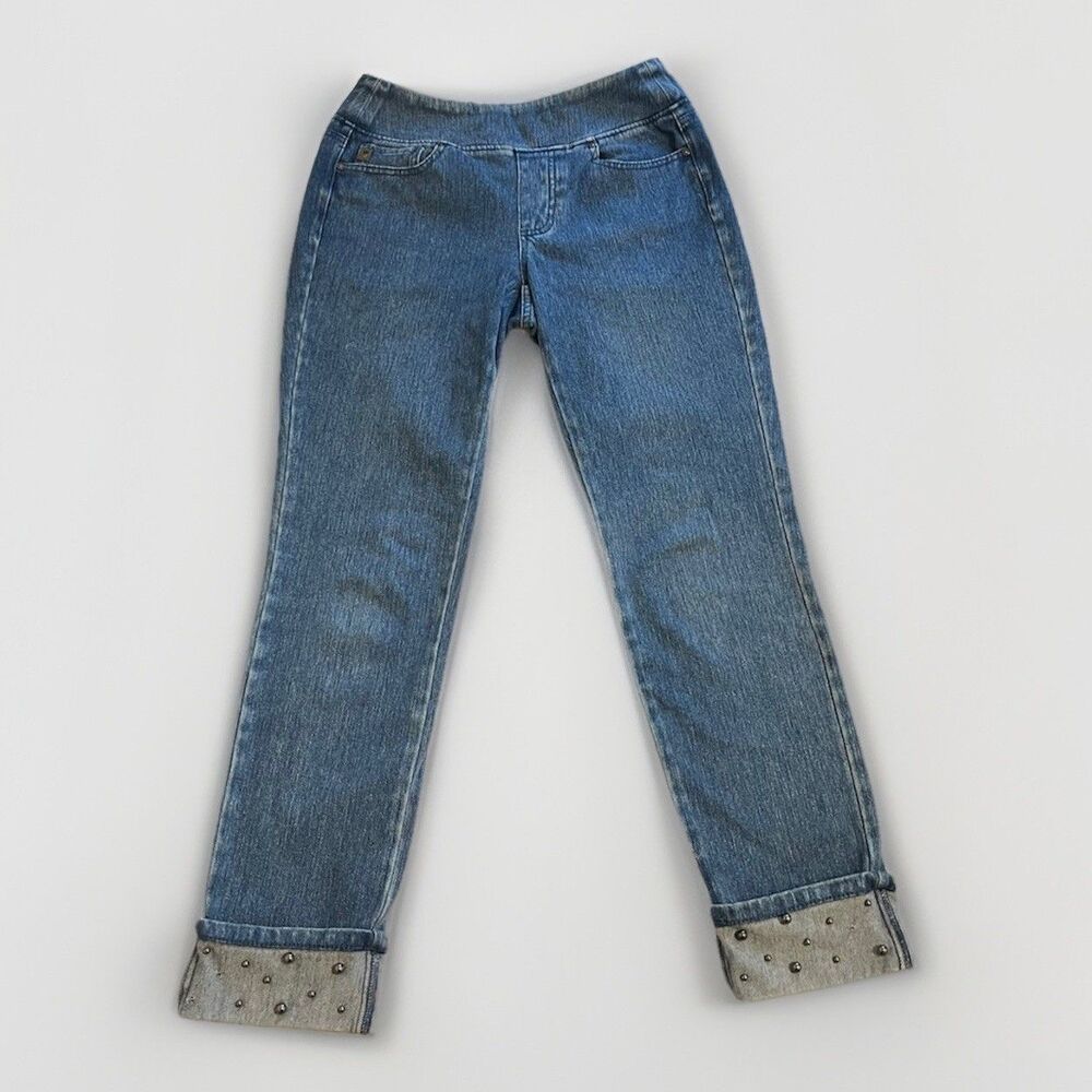 Y2K Belle Kim Gravel Jeans Womens Studded Cuff Mid Rise Light Wash Straight Leg
